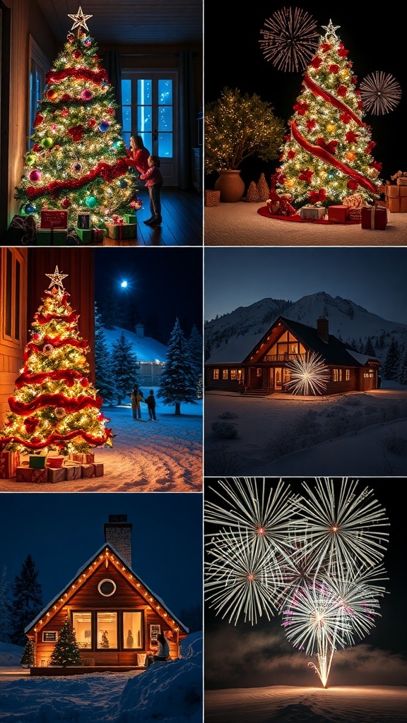 A festive collage of Christmas and New Year images, including decorated trees, family celebrations, snowy landscapes, and fireworks.